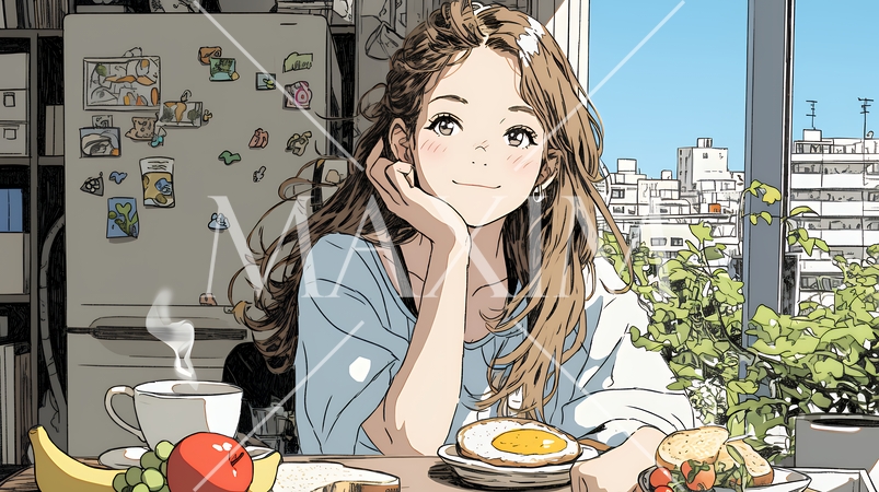 ゆったりした気分で朝食を一人で食べている若い女性