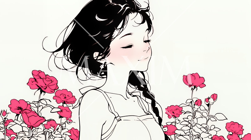 バラ園を散策している若い女性（シンプルな色使い）