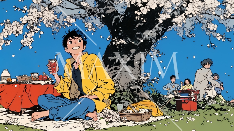 満開の桜の下で仲間たちと花見宴会