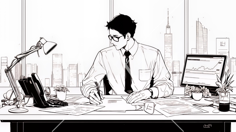 綿密なビジネス戦略を練っている男性（シンプルな色使い）