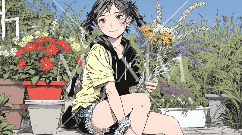 花がたくさん咲いている家にすむ若い女性