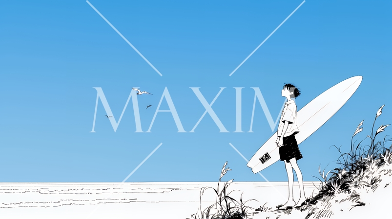 若い女性サーファーと夏のビーチの風景（シンプルな色使い）