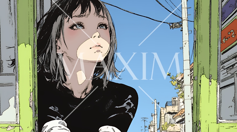 眉をひそめている女性：心配そうに窓の外を見つめている