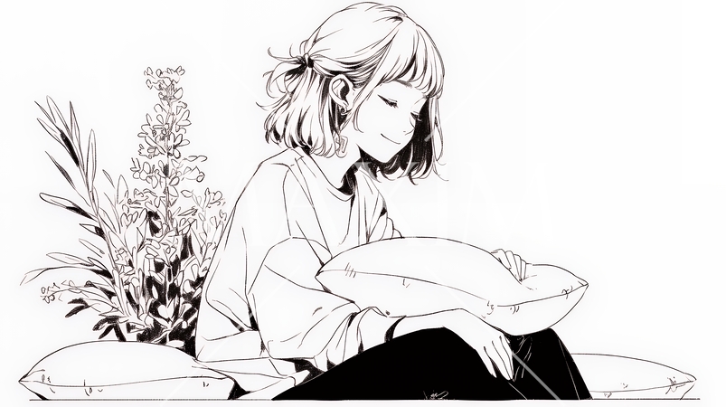 ソファでクッションを抱えてくつろぐ若い女性（シンプルな色使い）