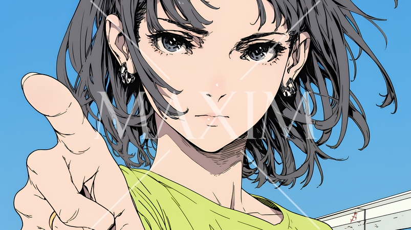 フィンガーガン（指でっぽう）を構えている若い女性