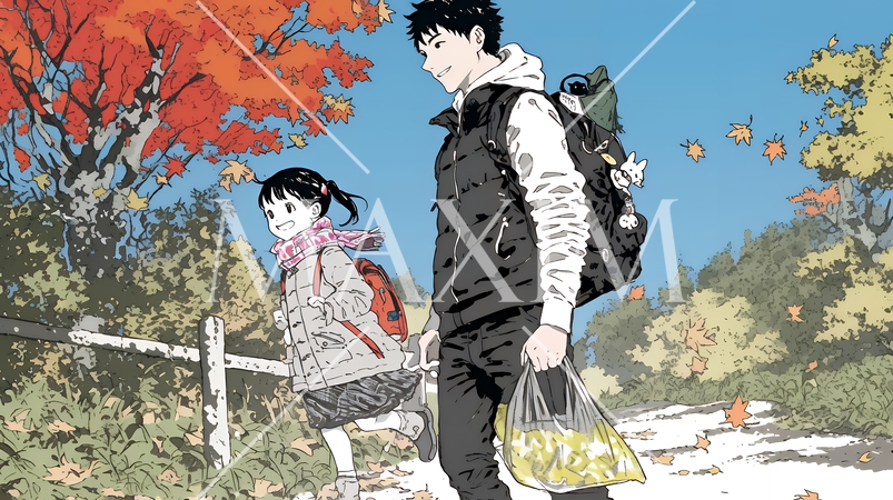 紅葉の小径を仲良く歩く少女と父親