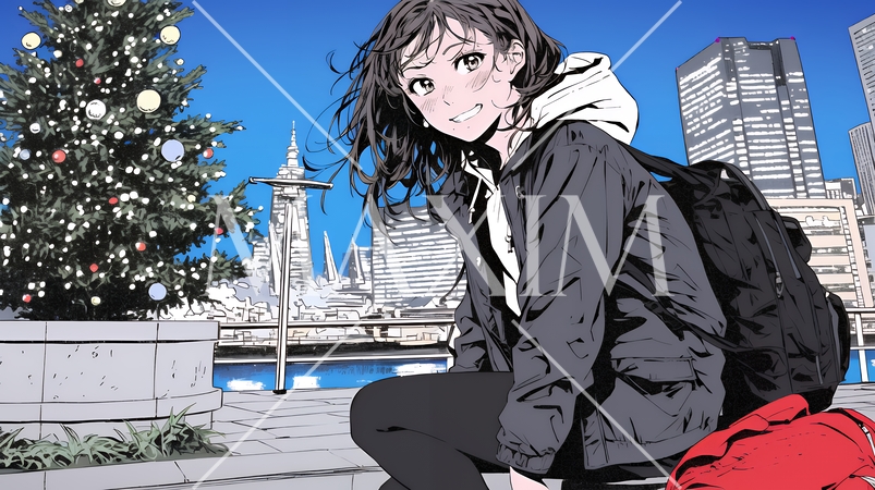 クリスマスイルミネーションが美しい街を散策する若い女性