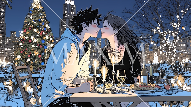 クリスマスディナーを楽しんでいる若いカップル