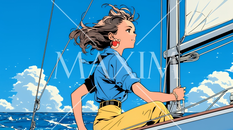 ヨットに乗っている若い女性