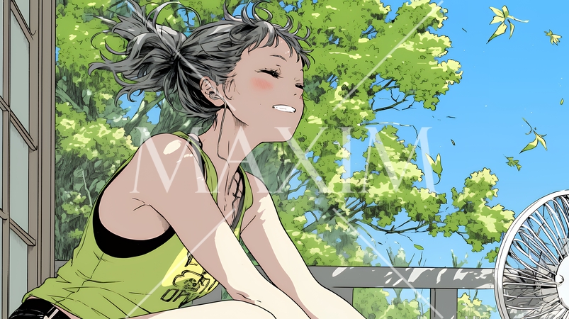 暑い夏の昼下がり、扇風機にあたって涼んでいる若い女性