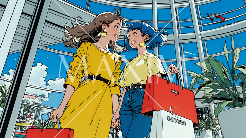 女友達と一緒にショッピングモールを歩き回る若い女性