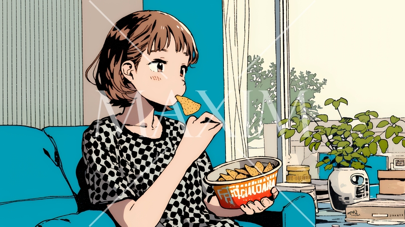 ポテトチップスをつまみながら、ひとりでビデオを観る若い女性