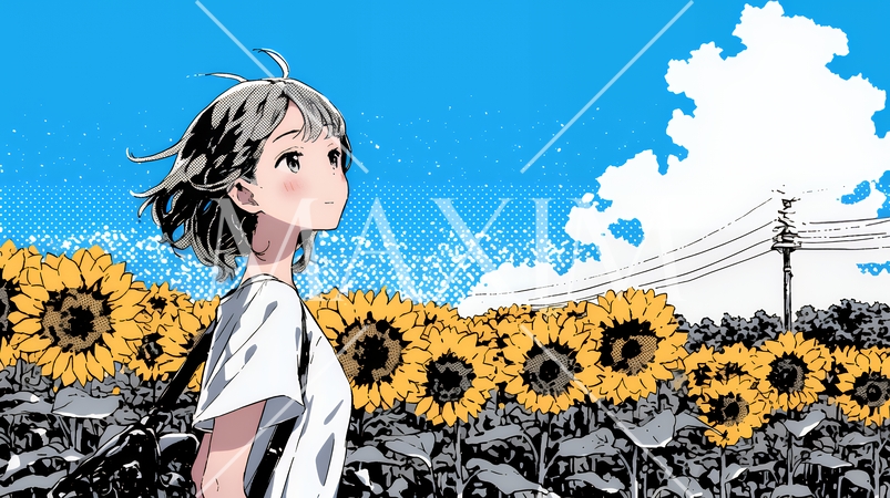 真夏の青空のもと、ヒマワリ畑を散策している若い女性