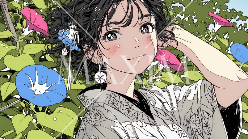 アサガオと浴衣姿の若い女性