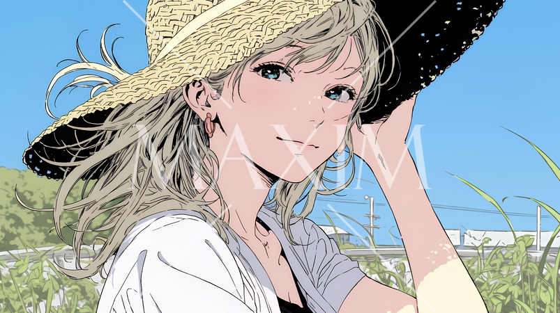 春風に飛ばされそうな帽子を、手で押さえる若い女性