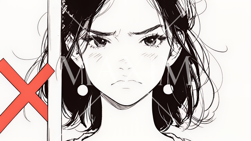 Noという表現を思いっきり顔に表しているる女性（シンプルな色使い）