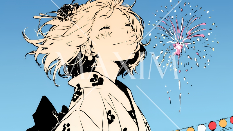 打ち上げ花火を見ている浴衣を着た若い女性（シンプルな色使い）