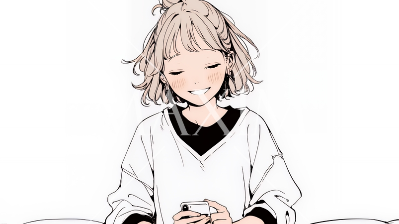 楽しそうにスマホ画面を眺めている若い女性（シンプルな色使い）