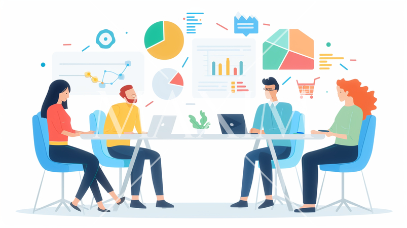 ビジネス戦略会議：競合分析、市場戦略の議論。