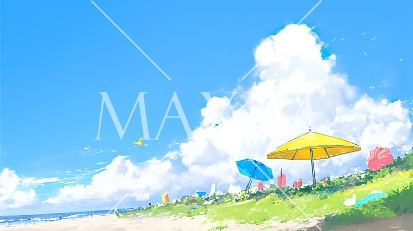 夏の青い空、青い海、白い雲と砂浜のコントラスト（クレヨン＋水彩画風）