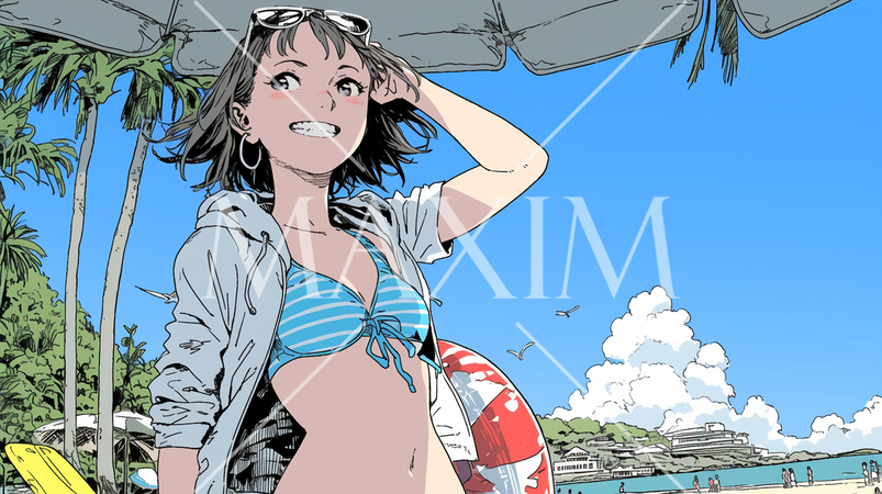 南国の海岸にビキニ姿でいる若い女性