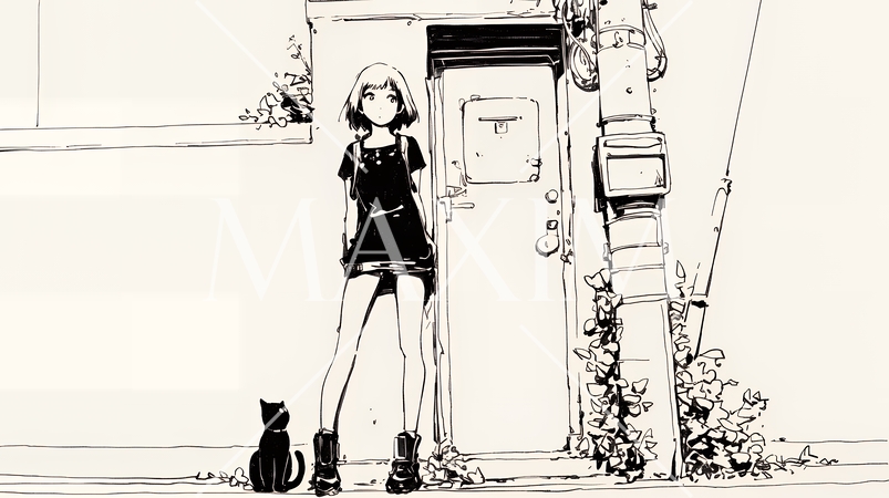 若い女性が佇む都市の街角（シンプルな色使い）