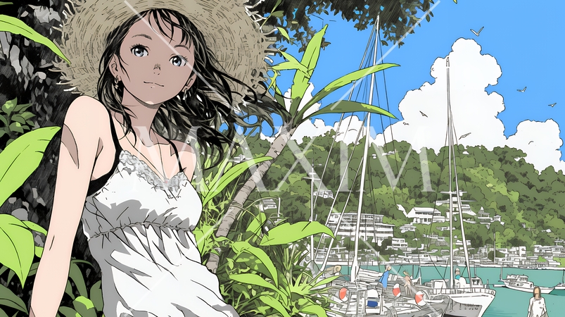 夏の南国の海辺を一人で旅行中の若い女性