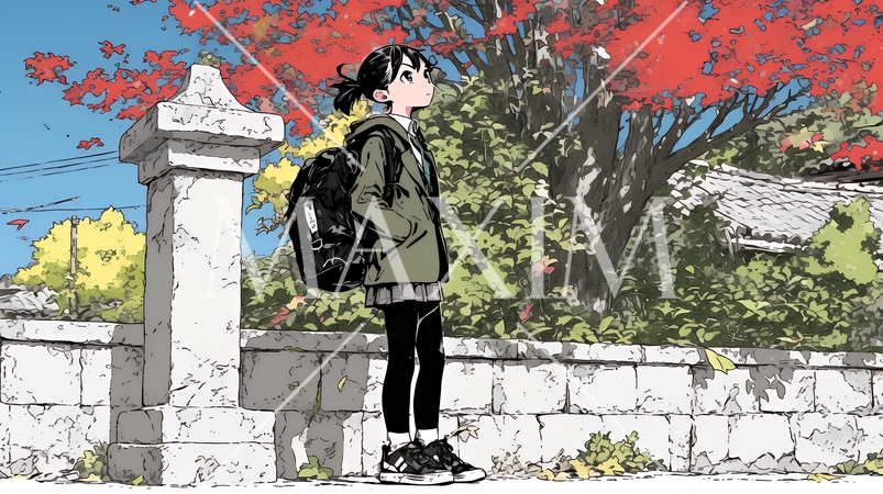 紅葉の道を通学する女子高生