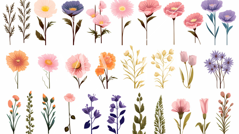 バリエーション豊かな色々な花のアイコンのリファレンスシート