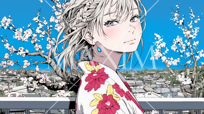 満開の梅の花と和服姿の若い女性