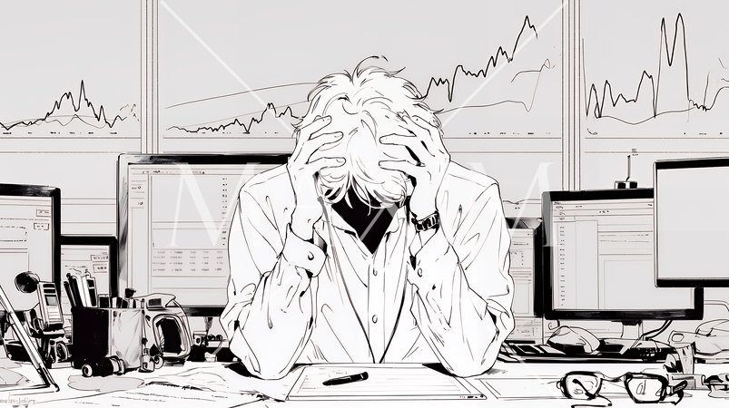 金融市場の急激な変動で頭を抱えている男性（シンプルな色使い）