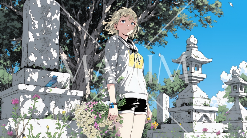 墓参りをしている若い女性