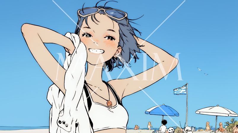 夏休みの思い出：友達と海水浴に行く（シンプルな色使い）