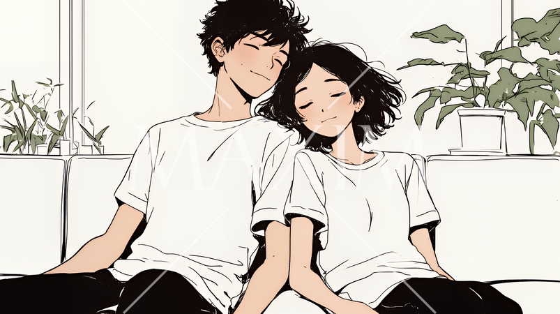 幸せそうなカップル：リビングルームて談笑（シンプルな色使い）