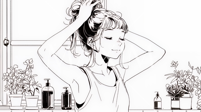 朝支度：洗面所で髪をまとめている若い女性（シンプルな色使い）