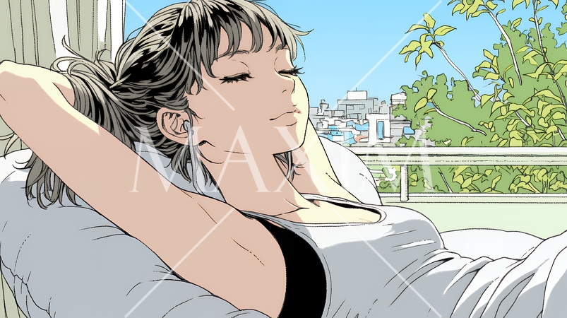 のんびり・ゆったり：朝日を浴びベッドで寛いでいる若い女性