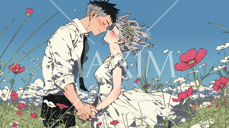 コスモス畑でデートをしている若いカップル