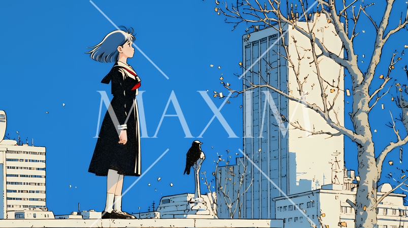 冬枯れの街を歩く若い女性