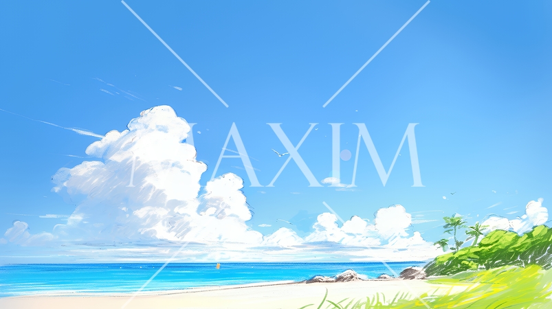夏の青い空、青い海、白い雲と砂浜のコントラスト（クレヨン＋水彩画風）