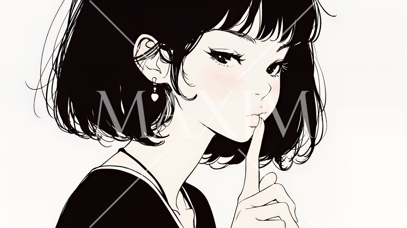 指を唇に当てて「シーShh」というジェスチャーをしている女性（シンプルな色使い）