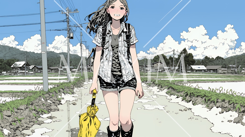 雪解けでぬかるんだ道を歩く若い女性