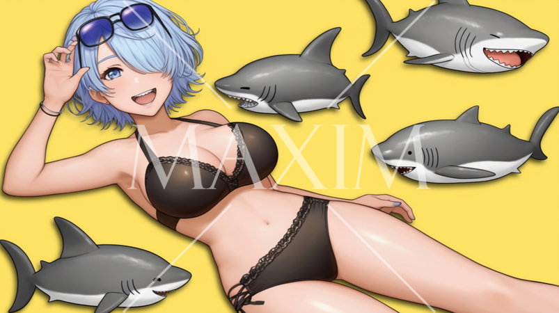 ビキニの女の子とサメがいるシュールな背景画