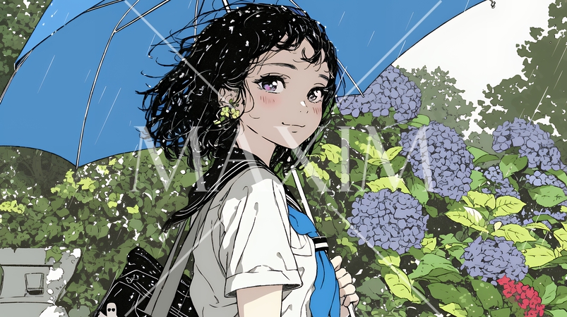 アジサイと梅雨の長雨と若い女性