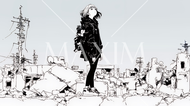 震災や空爆などで破壊された街で孤独に立ちすくむ若い女性（シンプルな色合い）