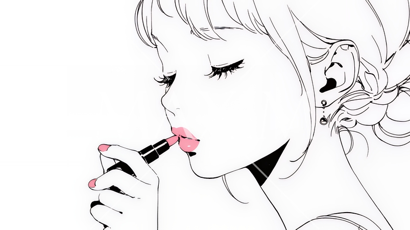 化粧をしている（口紅をつけている）若い女性（シンプルな色使い）