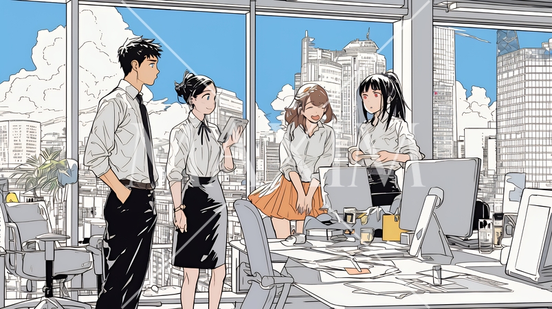 オフィスで立ったまま簡単な打合せをしているビジネスパーソン