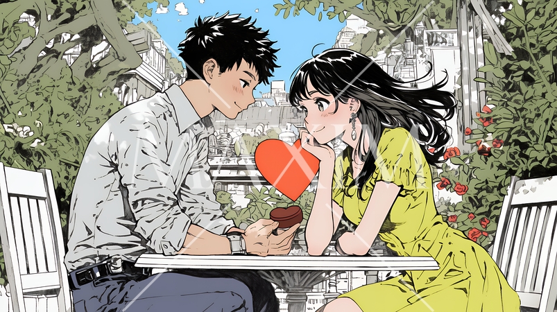 バレンタインディのチョコを男性に渡そうとしている若い女性