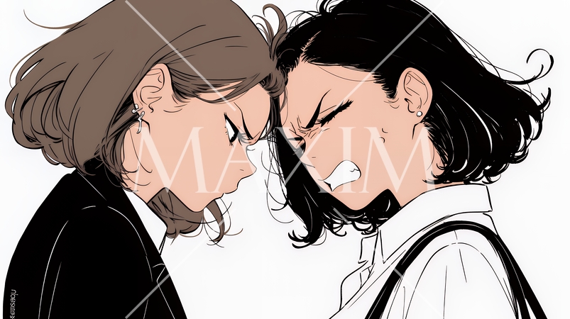 オフィスで言い争いをしているビジネスパーソン（シンプルな色使い）