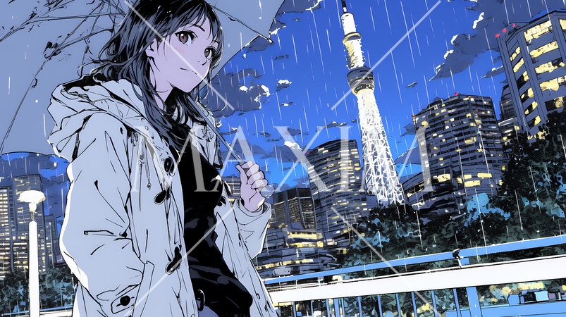 雨の中を歩く女性と都会のランドスケープ