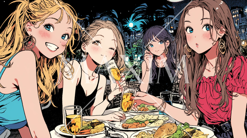 女子会：気の合う女友達が集まり、酒を交わし、おいしい食事をしながら、仕事の話や恋バナをしている